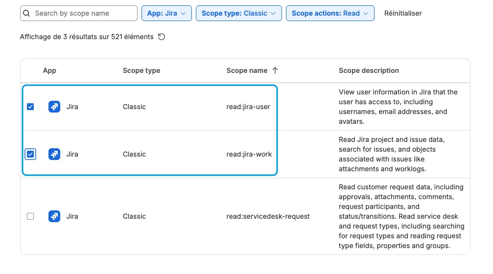 Liste des portées filtrée sur Jira, Classic et Read : read:jira-user et read:jira-work cochées, read:servicedesk-request décochée